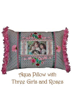 Aqua Pillow with Three Girls and Roses